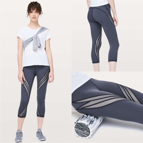 LULULEMON Never Still Crop Leggings Womens Size 4 Run Blue Pockets Mesh - Picture 1 of 11